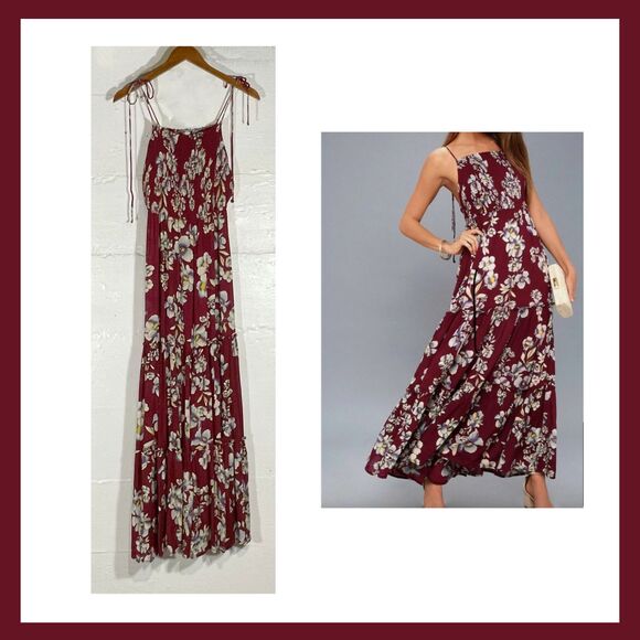 Free People Dresses & Skirts - Free People Intimately Red Garden Party Smocked Floral Maxi Dress Size Medium